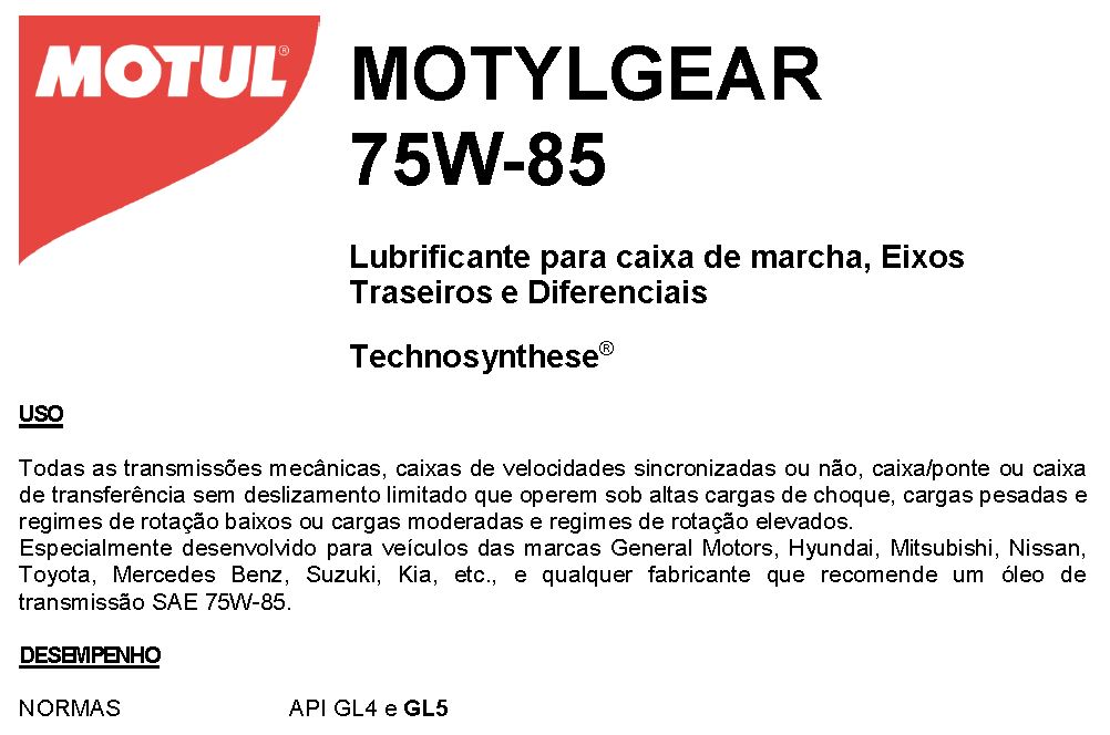 OLEO CAMBIO 75W85 MOTYL GEAR GL4 GL5 MOTUL (ORIGINAL)