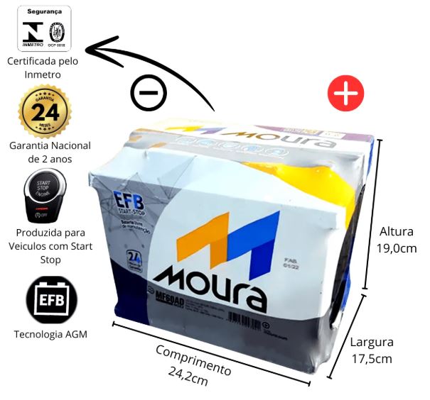BATERIA AUTOMOTIVA MODELO START/STOP 60 AMPERES MOURA
